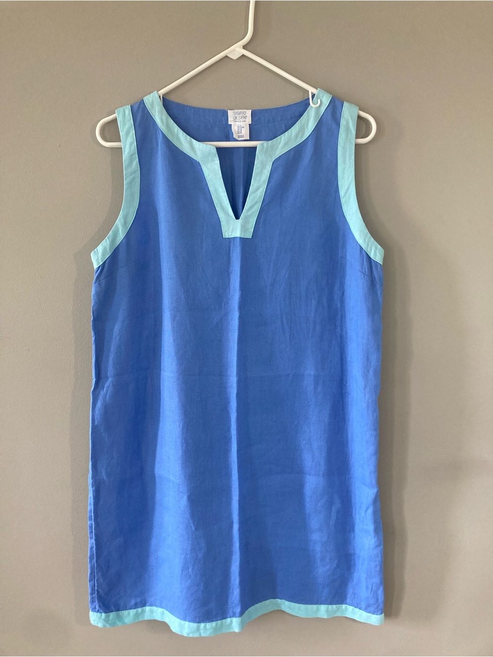 Sigrid Olsen Blue Linen Dress V Neck with Light Aqua Trim